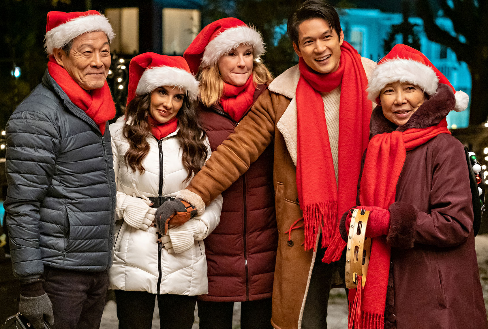 James Saito, Mikaela Hoover, Rebecca Staab, Harry Shum Jr. and Takayo Fischer in "Love Hard" (Bettina Strauss/Netflix)