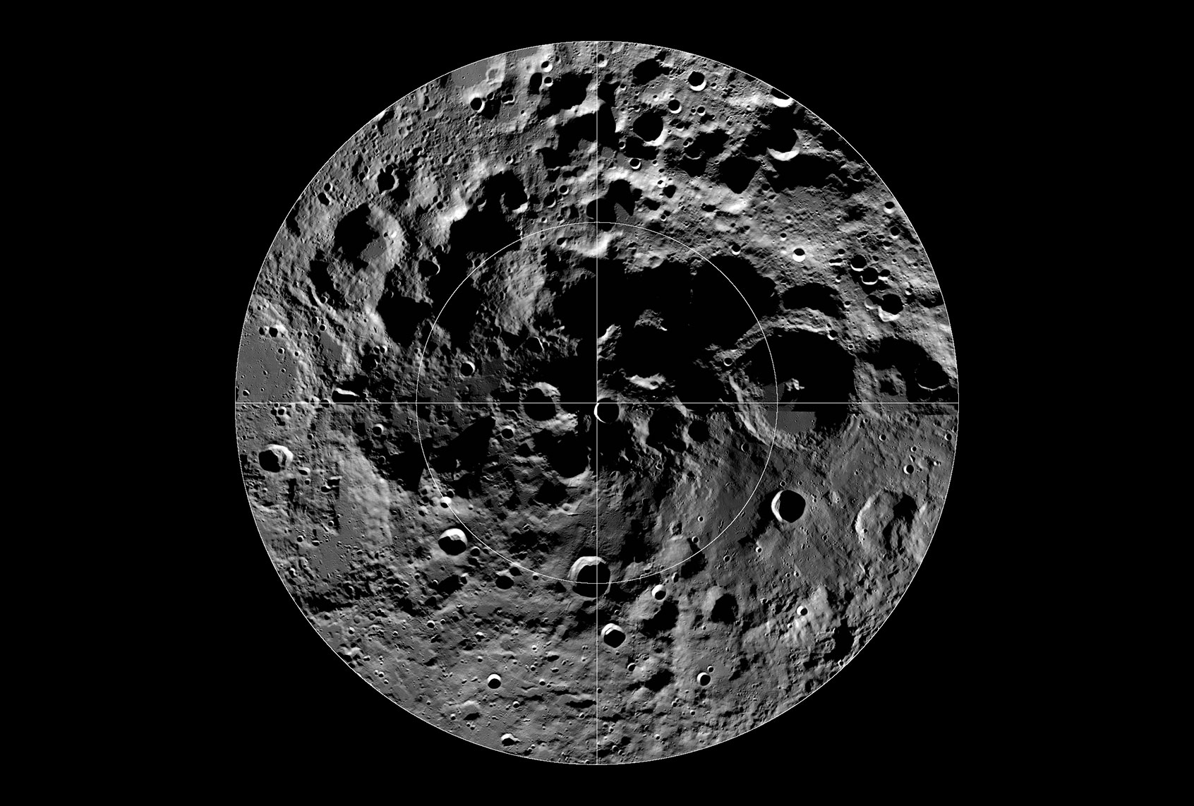 LROC Wide Angle Camera (WAC) mosaic of the south polar region, width ~600 km (NASA/GSFC/Arizona State University)