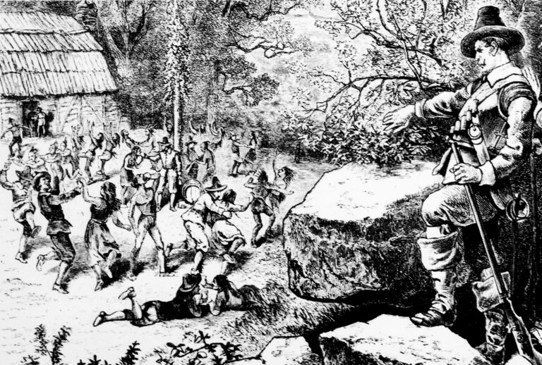 Pilgrims observing the Anglicans led by Thomas Morton dancing around a Maypole at Mare Mount (Merrymount) settlement, 1628. (Universal History Archive/Universal Images Group via Getty Images)