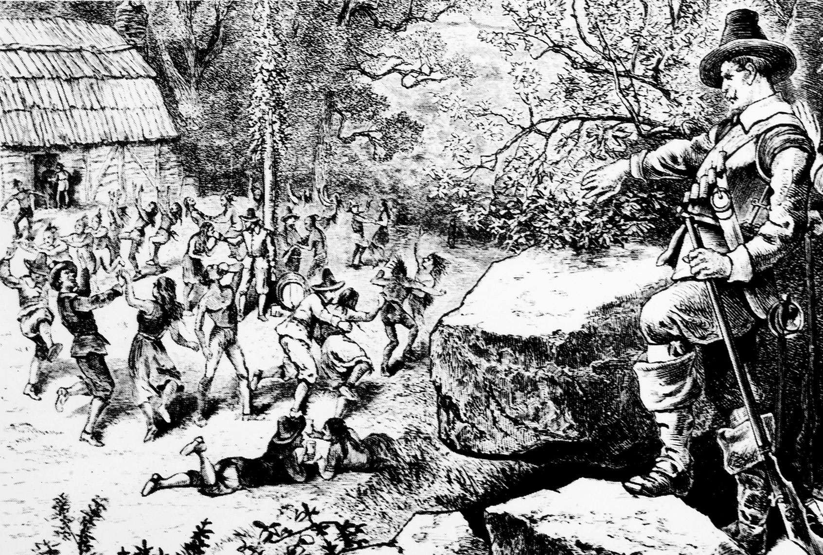 Pilgrims observing the Anglicans led by Thomas Morton dancing around a Maypole at Mare Mount (Merrymount) settlement, 1628. (Universal History Archive/Universal Images Group via Getty Images)