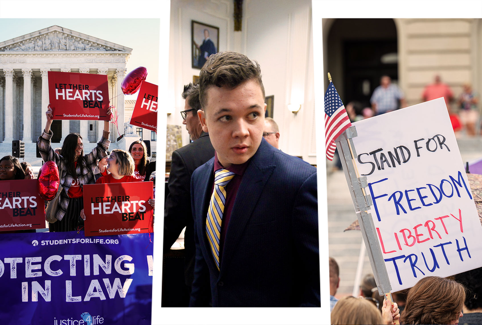 Pro-life demonstrators protest outside of the US Supreme Court in Washington, DC on November 1, 2021. | Kyle Rittenhouse enters the courtroom after a break at the Kenosha County Courthouse on November 11, 2021 in Kenosha, Wisconsin. | People display signs during the Kentucky Freedom Rally at the capitol building on August 28, 2021 in Frankfort, Kentucky. Demonstrators gathered on the grounds of the capitol to speak out against a litany of issues, including Kentucky Gov. Andy Beshear's management of the coronavirus pandemic, abortion laws, and the teaching of critical race theory. (Photo illustration by Salon/Getty Images)