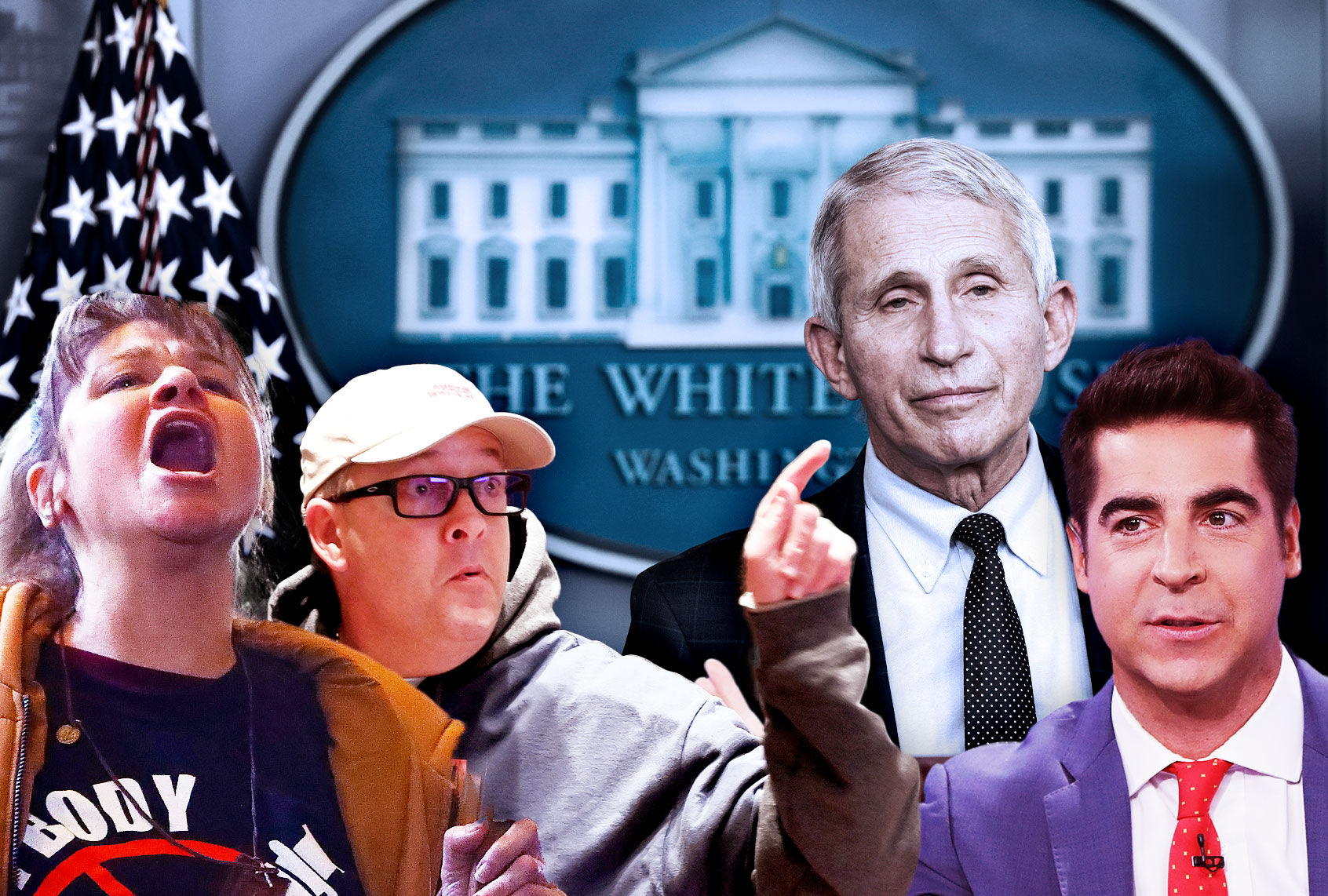 Angry parents from school board meeting, Jesse Watters and Anthony Fauci (Photo illustration by Salon/Getty Images)