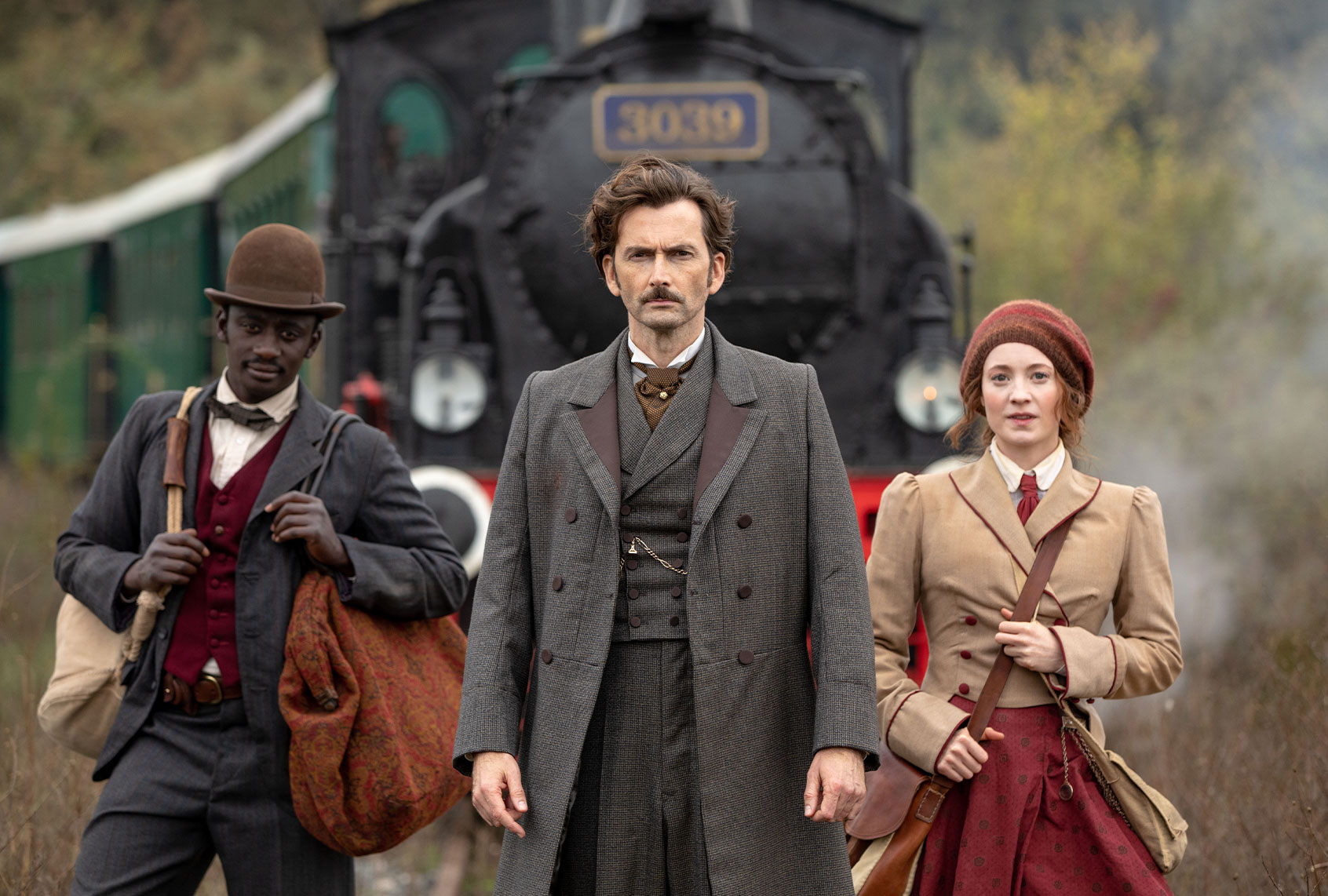 Ibrahim Koa, David Tennant and Leonie Benesch in "Around the World in Eighty Days" (PBS)