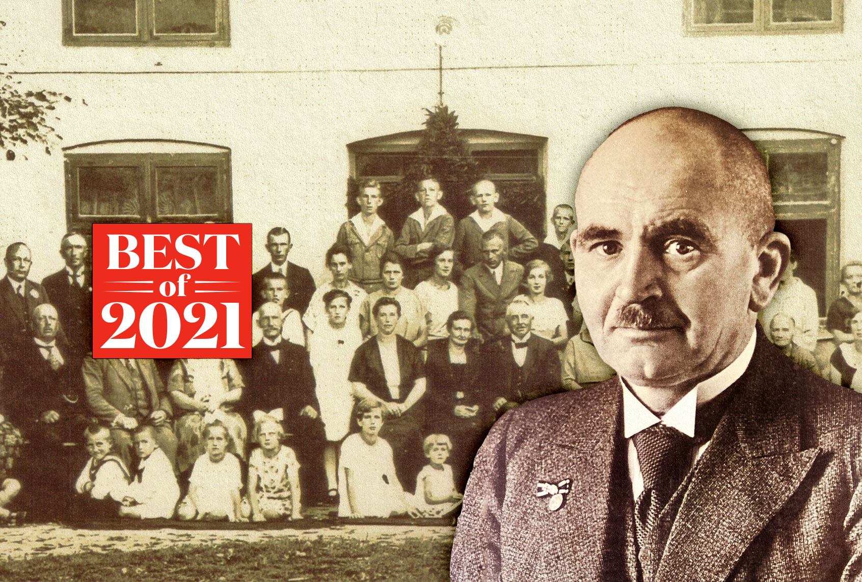 Author's grandfather, Johann Bischoff | The extended Bischoff family circa 1932, before Hitler won the election. The author's mother is the little girl in the middle on the bottom. (Photo illustration by Salon/Photos courtesy of author)