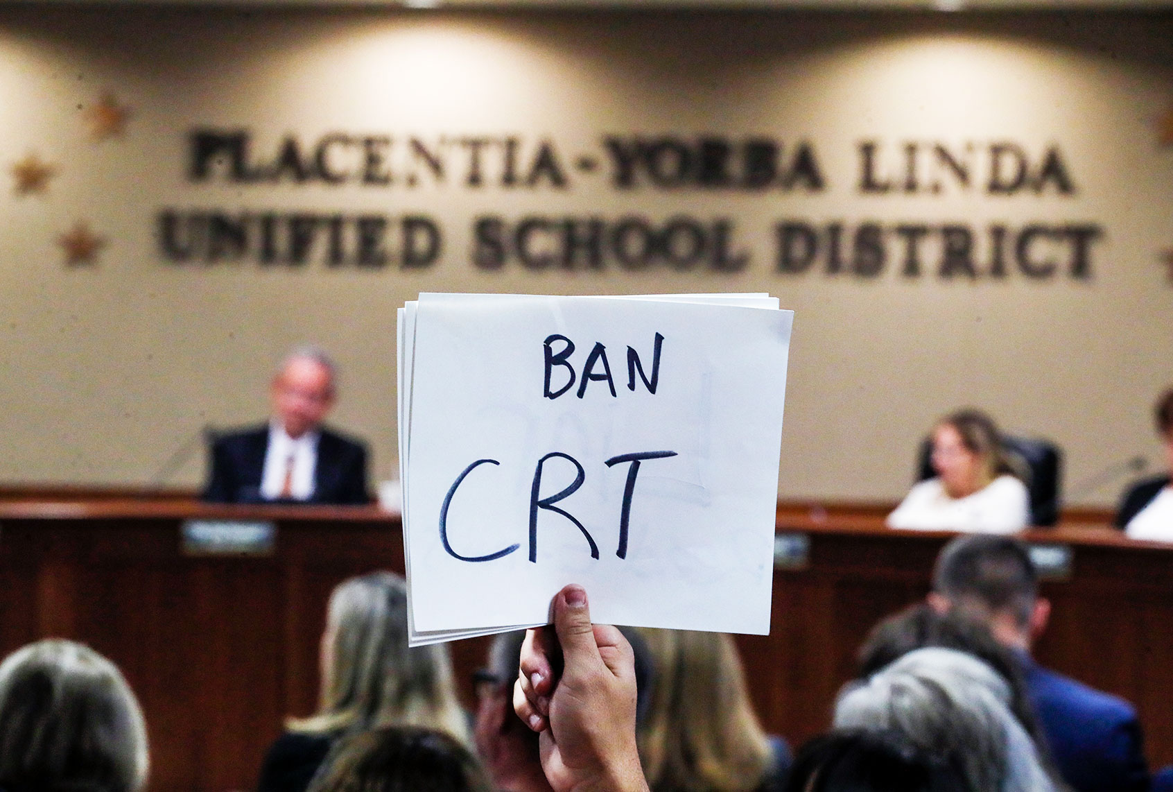 The Placentia Yorba Linda School Board discusses a proposed resolution to ban teaching critical race theory in schools. (Robert Gauthier/Los Angeles Times via Getty Images)