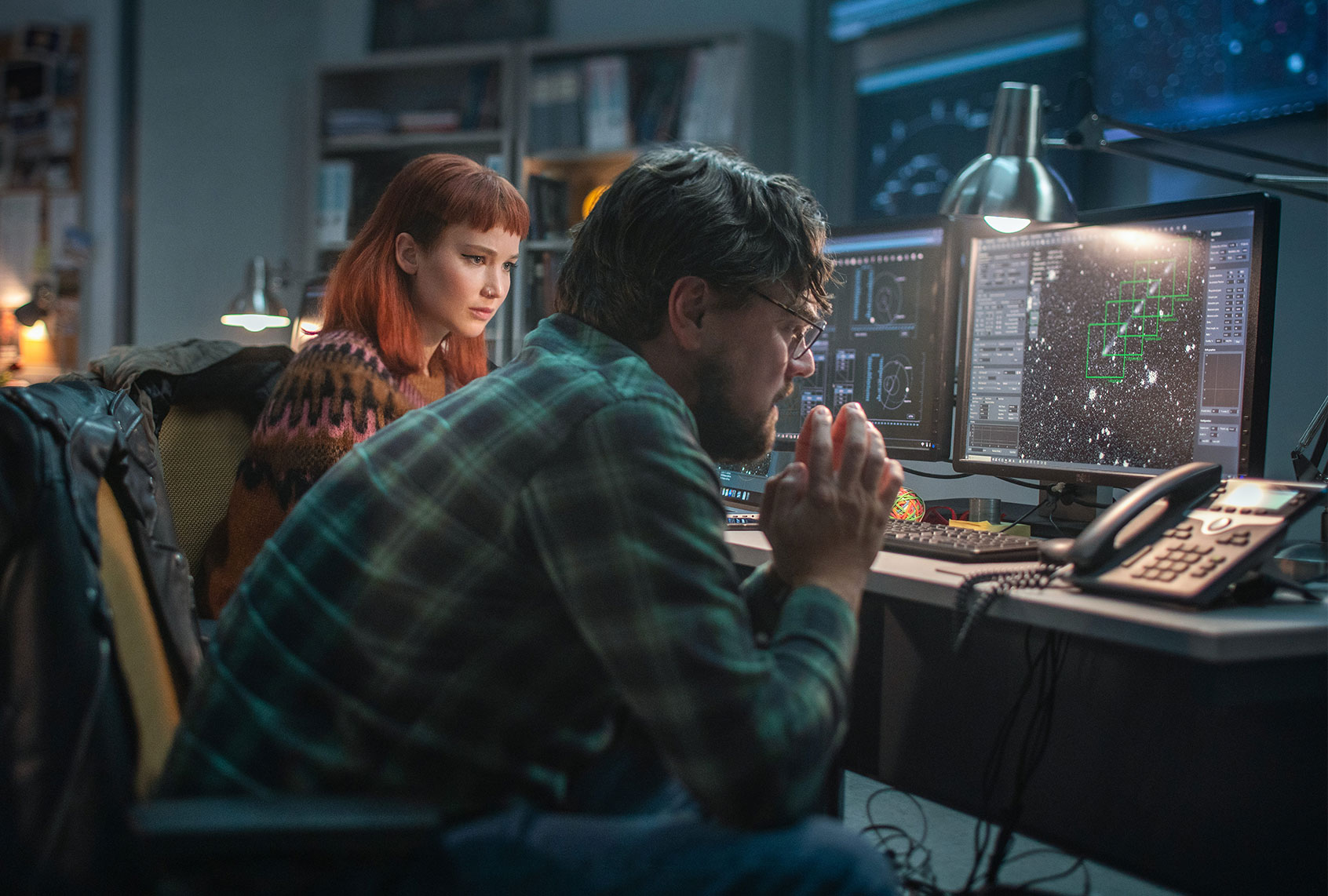 Jennifer Lawrence as Kate Dibiasky and Leonardo DiCaprio as Dr. Randall Mindy in "Don't Look Up" (Niko Tavernise/Netflix)
