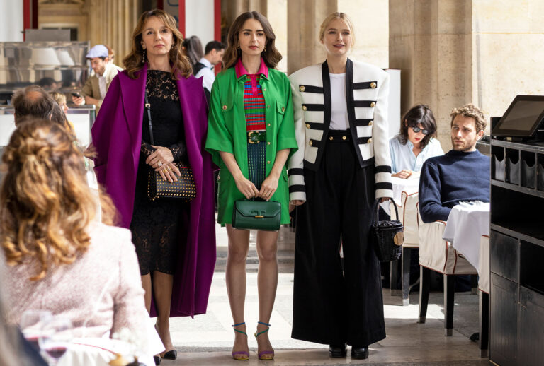 Philippine Leroy-Beaulieu as Sylvie Grateau, Lily Collins as Emily, Camille Razat as Camille in "Emily in Paris" (Carole Bethuel/Netflix)