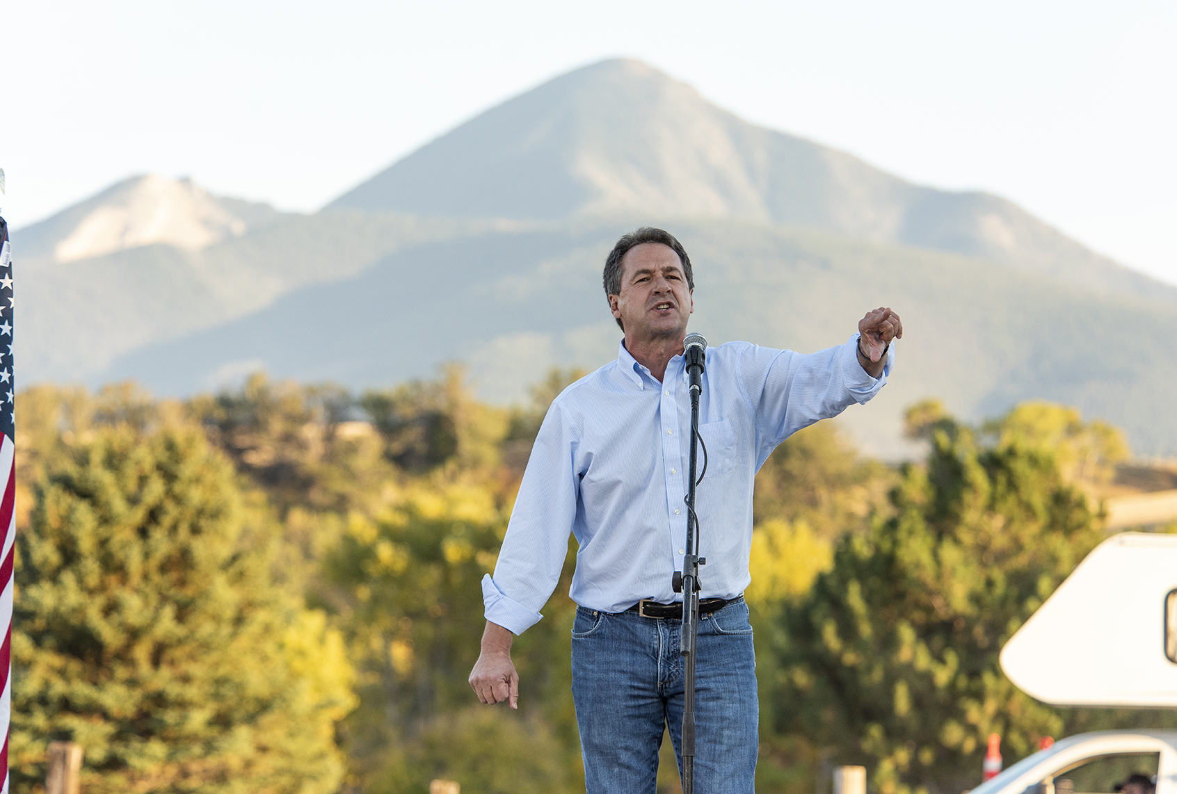 Montana democratic Governor Steve Bullock campaigns for the senate at a drive in rally on October 3, 2020 in Livingston, Montana. (William Campbell/Getty Images)