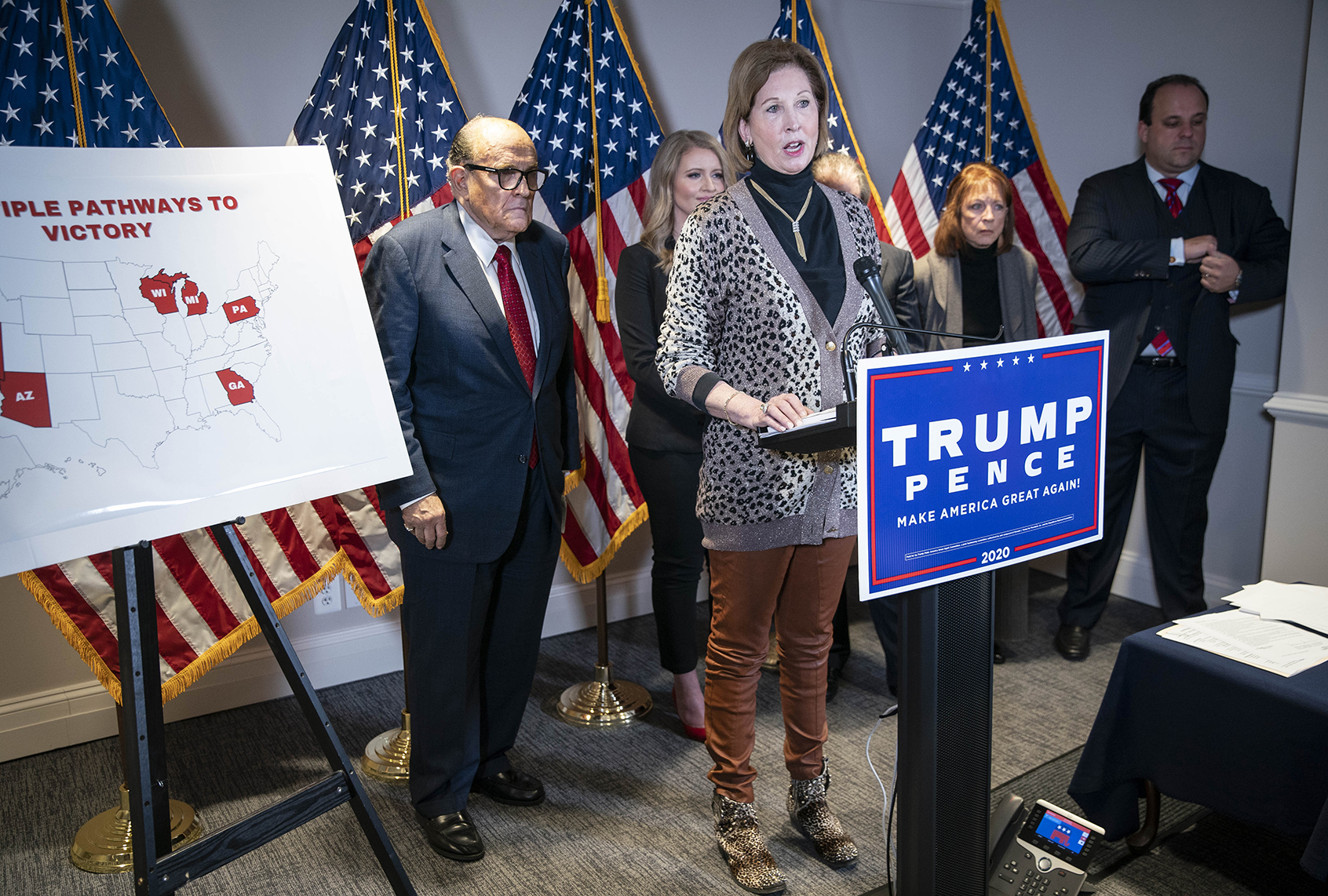 Attorney Sidney Powell speaks during a news conference with Rudy Giuliani, lawyer for U.S. President Donald Trump, about lawsuits contesting the results of the presidential election at the Republican National Committee headquarters in Washington, D.C. (Sarah Silbiger for The Washington Post via Getty Images)