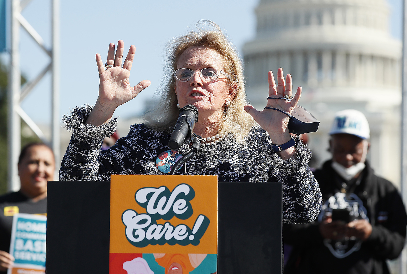 Rep Debbie Dingell, D-Michigan, holds a press conference supporting Build Back Better investments in home care, childcare, paid leave and expanded child tax credit payments. (Paul Morigi/Getty Images for MomsRising Together)