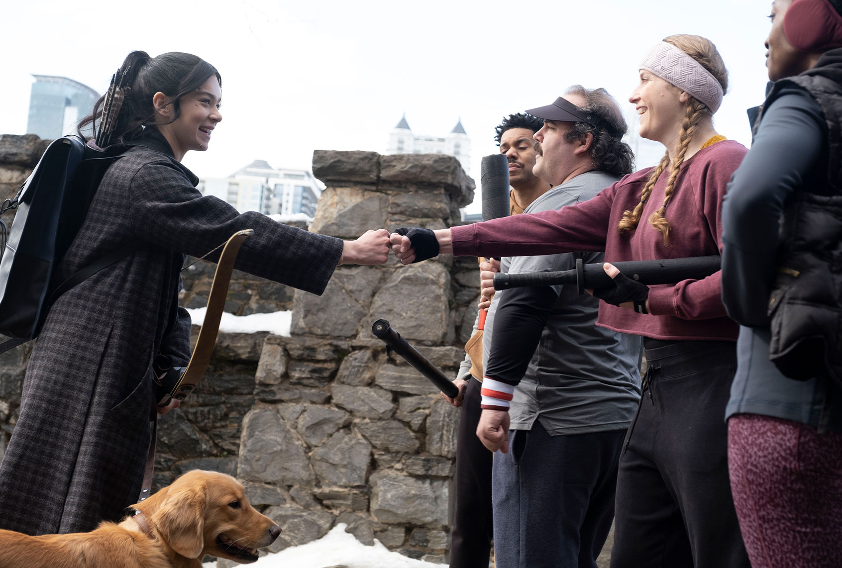 Hailee Steinfeld as Kate Bishop, The Pizza Dog, Clayton English as Grills, Robert Walker Branchaud as Orville, Adelle Drahos as Missy, and Adetinpo Thomas as Wendy "HAWKEYE" (Photo by Chuck Zlotnick/Marvel Studios)