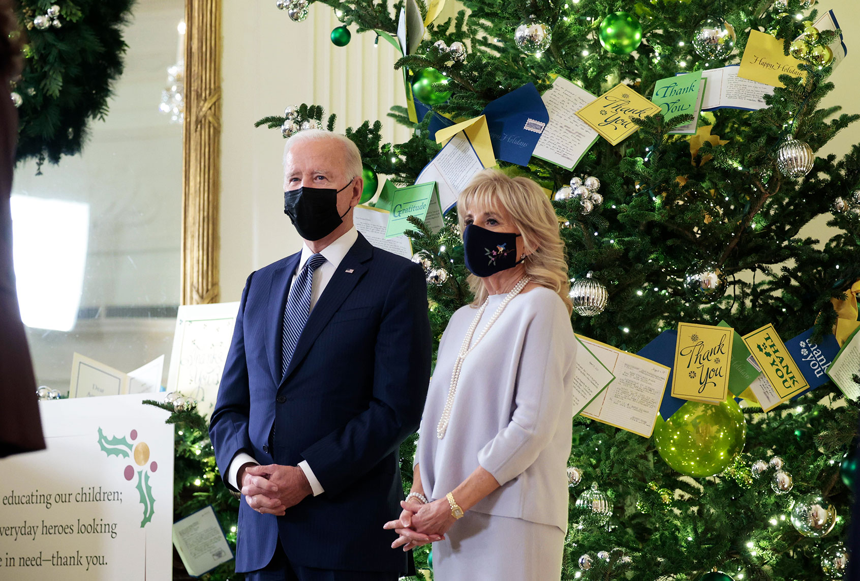 U.S. President Joe Biden and first lady Jill Biden listen as U.S. Vice President Kamala Harris delivers remarks before a menorah lighting ceremony in celebration of Hanukkah in the East Room of the White House on December 01, 2021 in Washington, DC. (Anna Moneymaker/Getty Images)