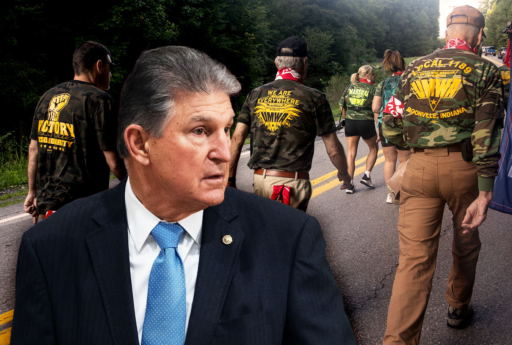 Joe Manchin | A small group of United Mine Workers of America (UMWA) and their supporters retrace the 1921 the 50 mile march of coal miners that resulted in the historic Battle of Blair Mountain to mark the 100th anniversary of the battle, September 4, 2021 in Boone County, West Virginia. The labor insurrection led to the coal miners being bombed and machine gunned, but also to the formation of the union that once had 800,000 members. Today, only a few thousand union coal miners remain in West Virginia. (Photo illustration by Salon/Getty Images)