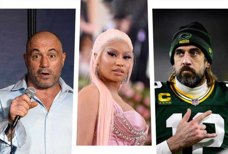 Joe Rogan, Nicki Minaj and Aaron Rodgers (Photo illustration by Salon/Getty Images)