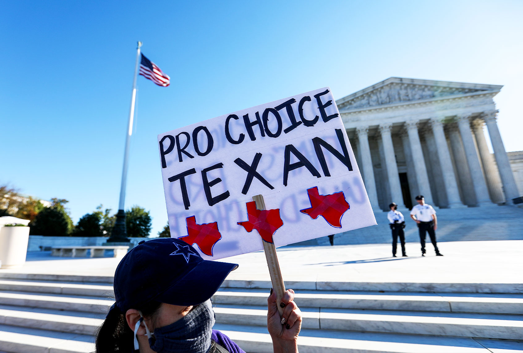 Pro-choice demonstrators protest outside of the US Supreme Court in Washington, DC on November 1, 2021. The Supreme Court is set to hear challenges to Texas' restrictive abortion laws. - The conservative-majority US Supreme Court hears challenges on Monday to the most restrictive law passed since abortion was made a constitutional right nearly 50 years ago -- a Texas bill that bans a woman from terminating a pregnancy after six weeks. (Yasin Ozturk/Anadolu Agency via Getty Images)