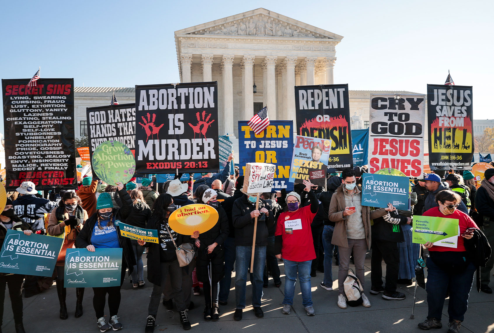 Demonstrators gather in front of the U.S. Supreme Court as the justices hear arguments in Dobbs v. Jackson Women's Health, a case about a Mississippi law that bans most abortions after 15 weeks, on December 01, 2021 in Washington, DC. (Chip Somodevilla/Getty Images)