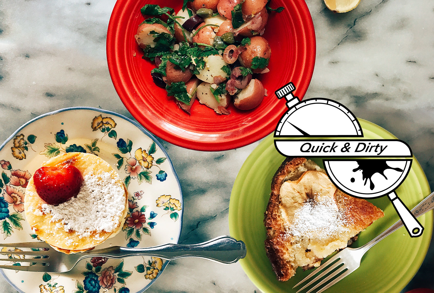3-Ingredients Cheesecake, Cypriot Potato Salad, and Marzipan Cake (Photo illustration by Salon/Mary Elizabeth Williams)