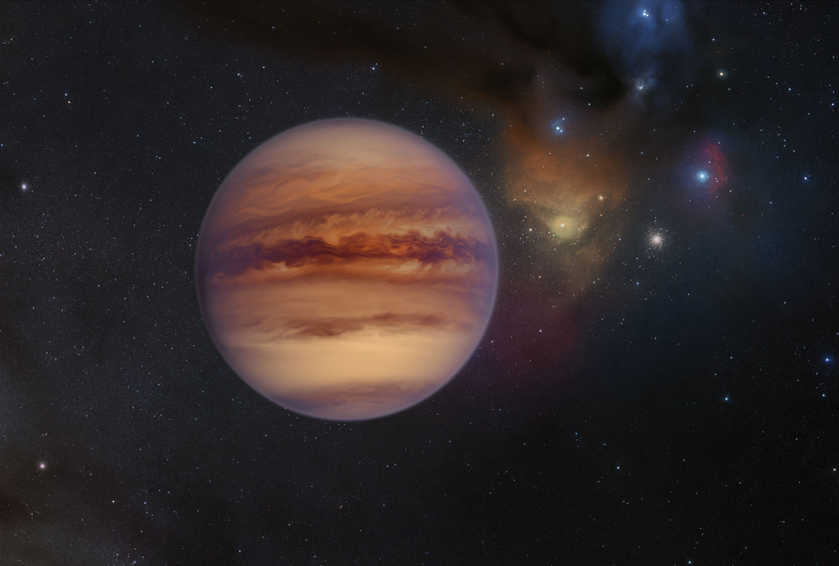 This artist’s impression shows an example of a rogue planet with the Rho Ophiuchi cloud complex visible in the background. Rogue planets have masses comparable to those of the planets in our Solar System but do not orbit a star, instead roaming freely on their own. (ESO/M. Kornmesser)