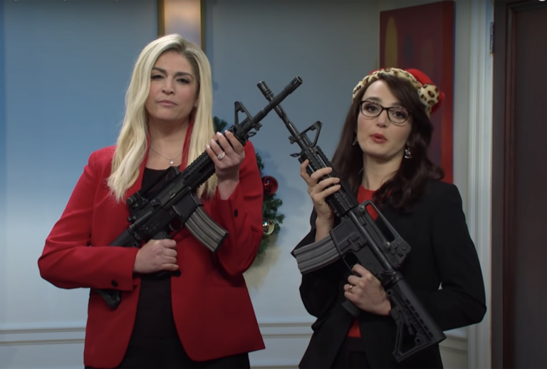 SNL cast members Cecily Strong and Chloe Fineman playing Reps. Marjorie Taylor Greene and Lauren Boebert, respectively. (NBC)