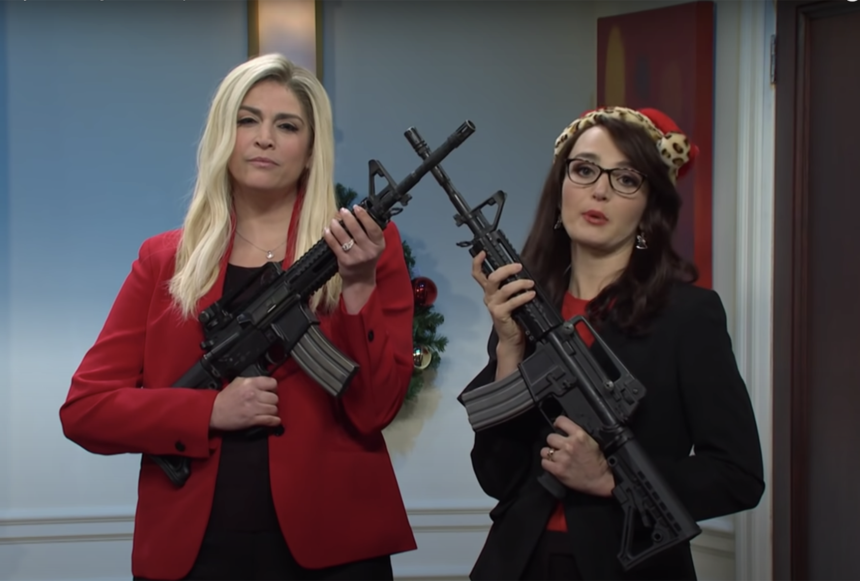 SNL cast members Cecily Strong and Chloe Fineman playing Reps. Marjorie Taylor Greene and Lauren Boebert, respectively. (NBC)