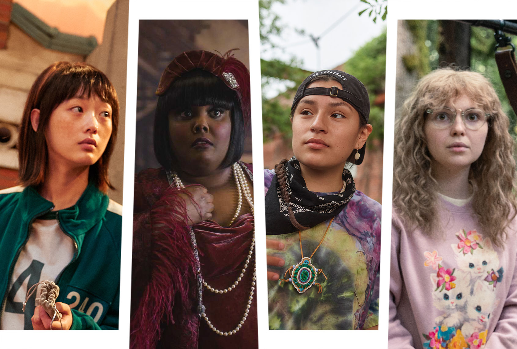 Lee You-mi in "Squid Game" | Danielle Pinnock as Alberta in "Ghosts" | Paulina Alexis as Willie Jack in "Reservation Dogs" | Samantha Hanratty as Teen Misty in "Yellowjackets" (Photo illustration by Salon/Noh Juhan/Netflix/CBS/Ryan Redcorn/FX/Colin Bentley/SHOWTIME)