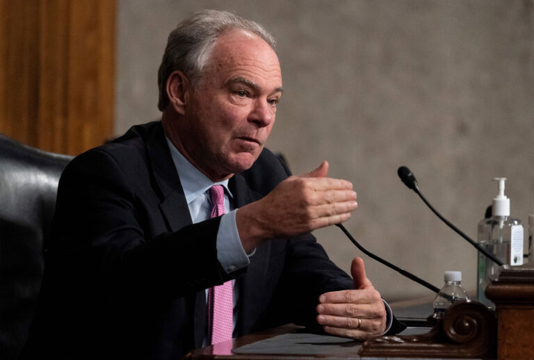 Senator Tim Kaine (D-VA), speaks during a hearing of the Senate Foreign Relations to examine US-Russia policy at the US Capitol in Washington, DC on December 7, 2021. (ALEX BRANDON/POOL/AFP via Getty Images)