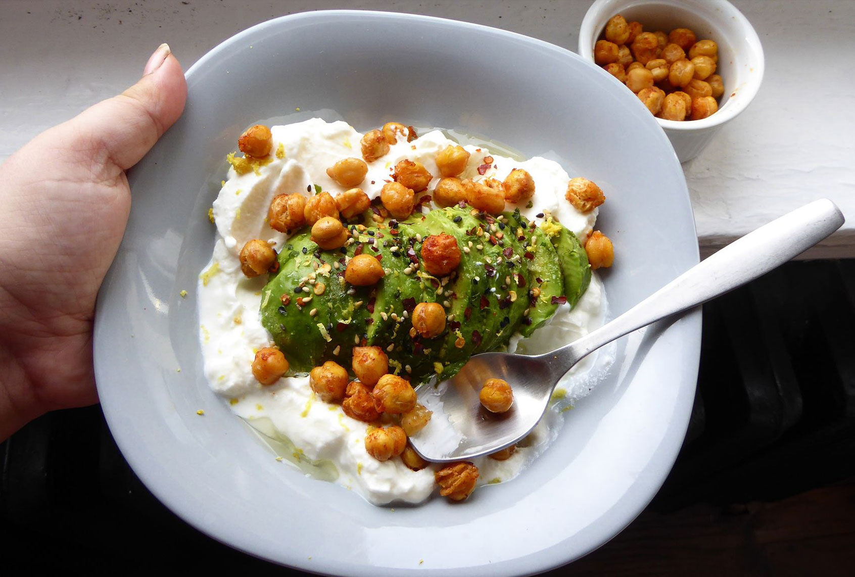 Savory yogurt bowl with air fryer chickpeas (Ashlie Stevens)