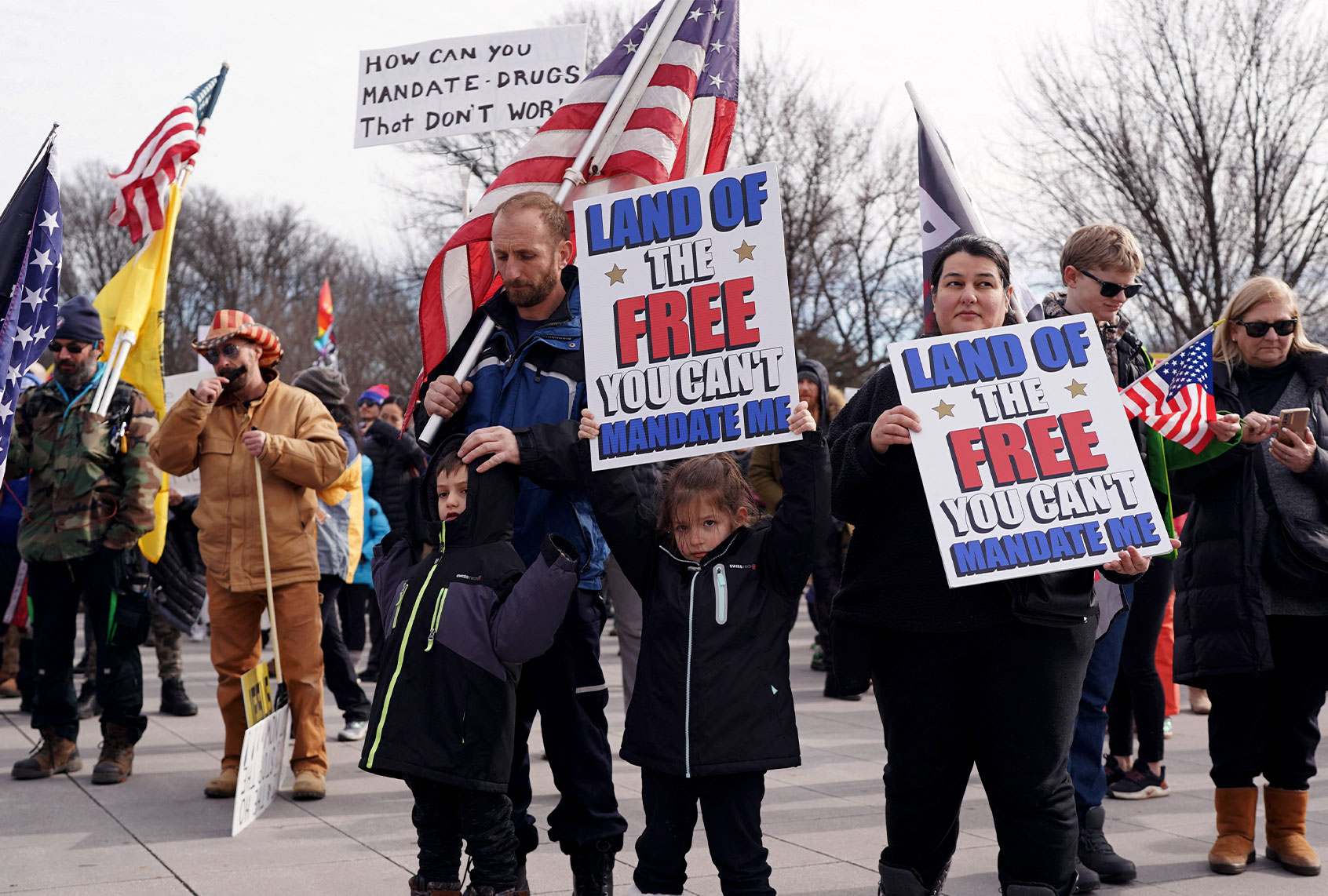 Demonstrators participate in a Defeat the Mandates march in Washington, DC, on January 23, 2022. - Demonstrators are protesting mask and Covid-19 vaccination mandates. (STEFANI REYNOLDS/AFP via Getty Images)