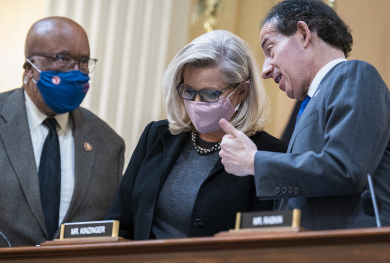Rep. Liz Cheney, R-Wyo., Rep. Jamie Raskin, D-Md., right, and Chairman Bennie Thompson, D-Miss., speaking after a meeting of the Select Committee to Investigate the January 6th Attack on the United States Capitol. (Tom Williams/CQ-Roll Call, Inc via Getty Images)