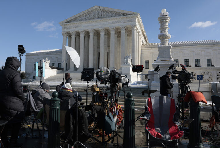 TV equipment and reporters wait outside the U.S. Supreme Court on Capitol Hill on January 07, 2022 in Washington, DC. (Anna Moneymaker/Getty Images)