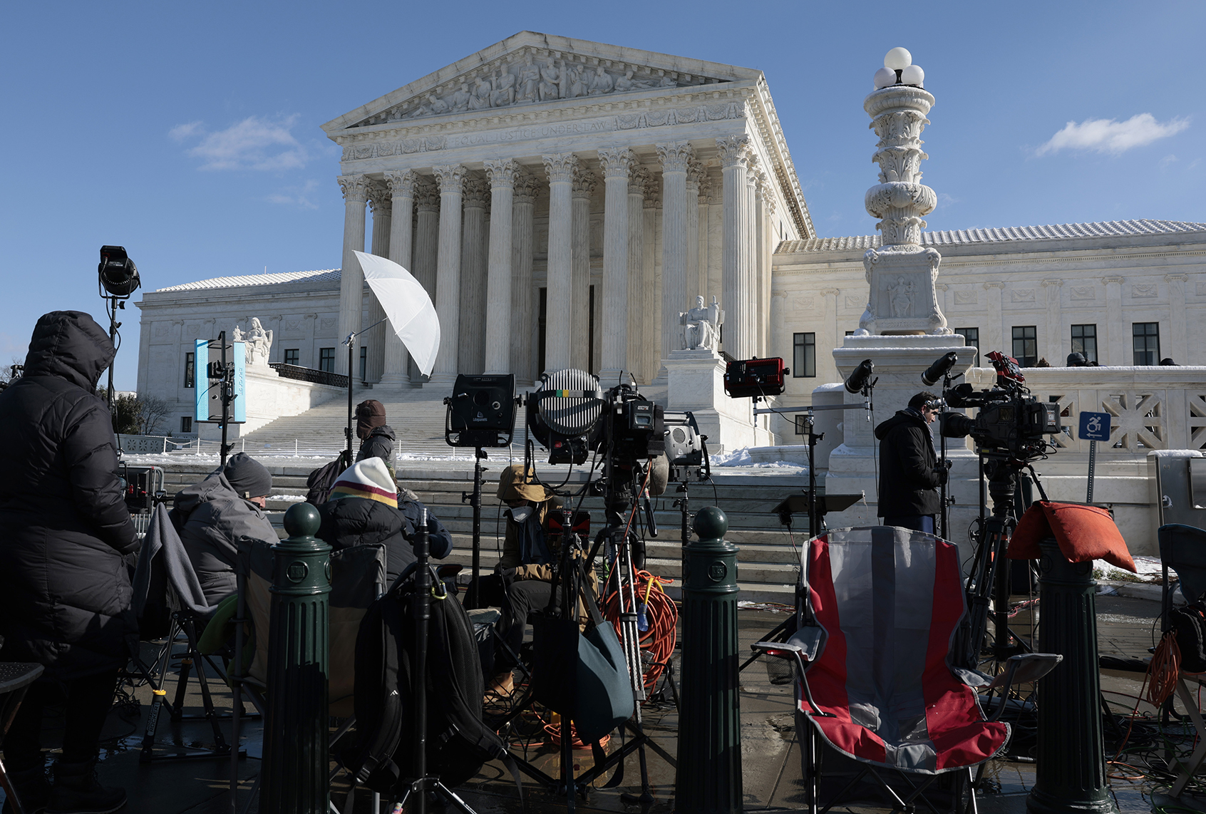 TV equipment and reporters wait outside the U.S. Supreme Court on Capitol Hill on January 07, 2022 in Washington, DC. (Anna Moneymaker/Getty Images)