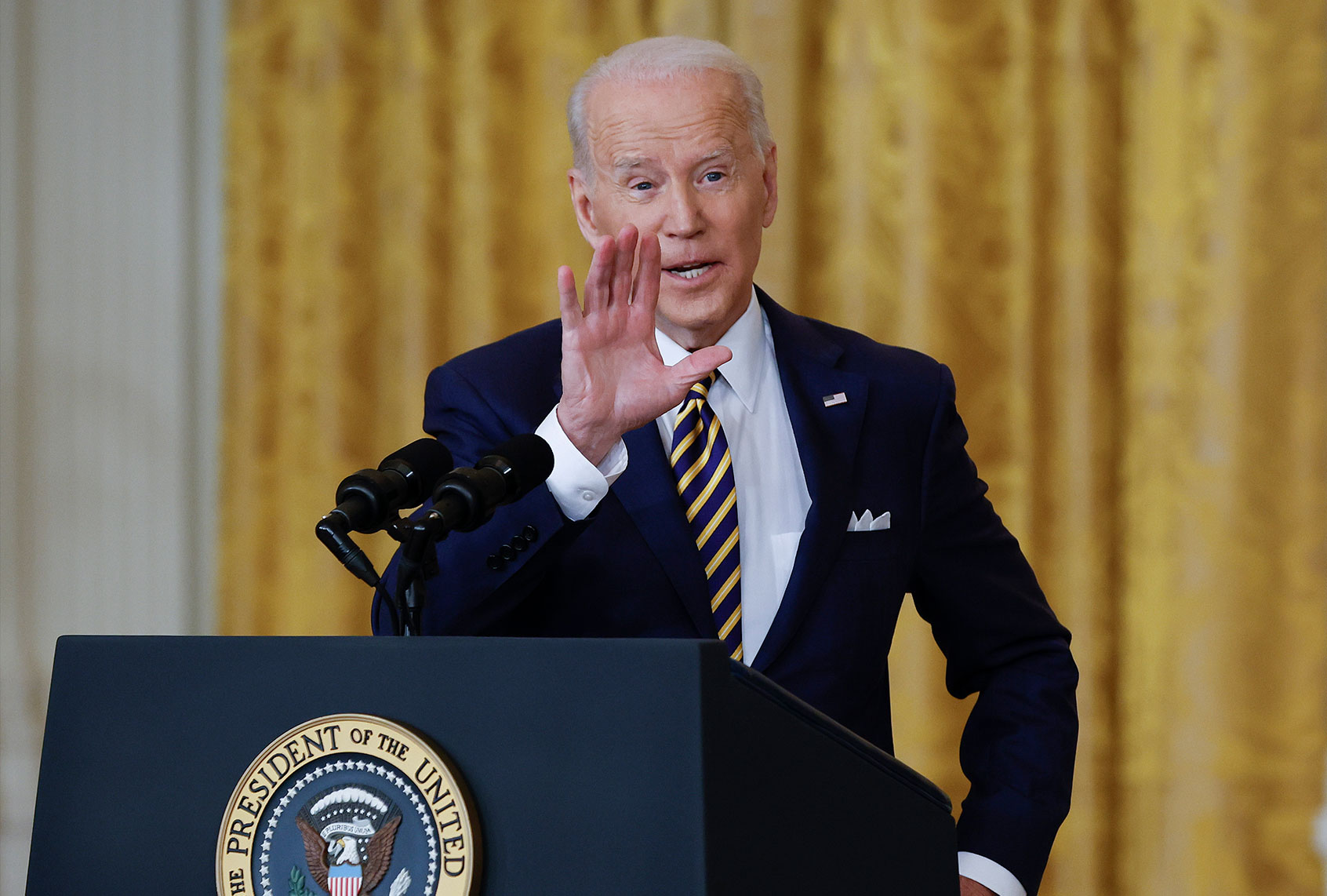 U.S. President Joe Biden answers questions during a news conference in the East Room of the White House on January 19, 2022 in Washington, DC. (Chip Somodevilla/Getty Images)
