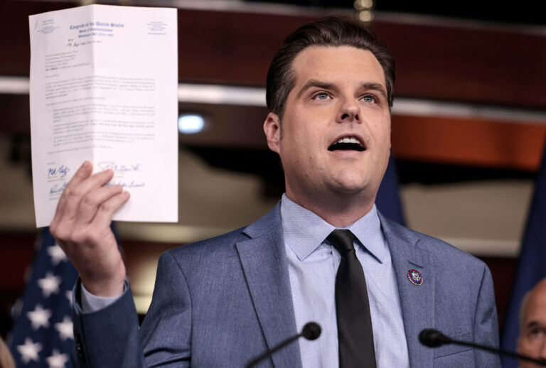 U.S. Rep. Matt Gaetz (R-FL) holds up a letter to FBI Director Christopher Wray at a news conference at the Capitol Building on December 07, 2021 in Washington, DC. (Anna Moneymaker/Getty Images)