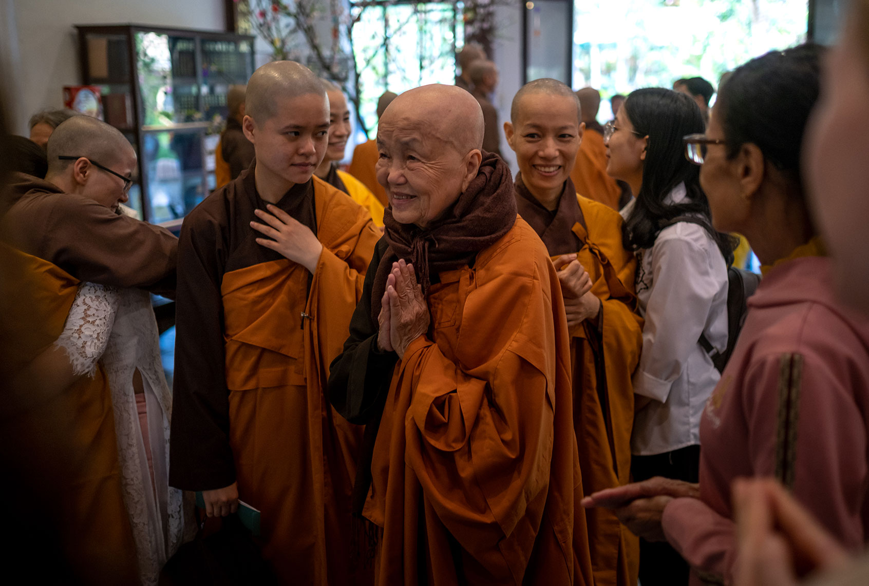 Sister Chan Khong, an 82-year-old Vietnamese Buddhist monk, greets visitors the first day of Lunar New Year at Tu Hieu temple on January 25, 2020 in Hue, Vietnam (Linh Pham/Getty Images)