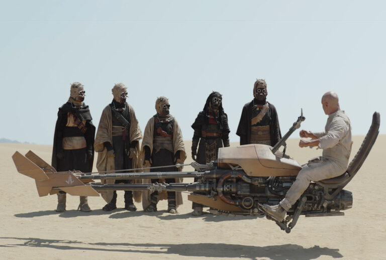 Tusken Raiders and Boba Fett (Temuera Morrison, on right) in a scene from "The Book of Boba Fett" (Disney+/Lucasfilm Ltd.)