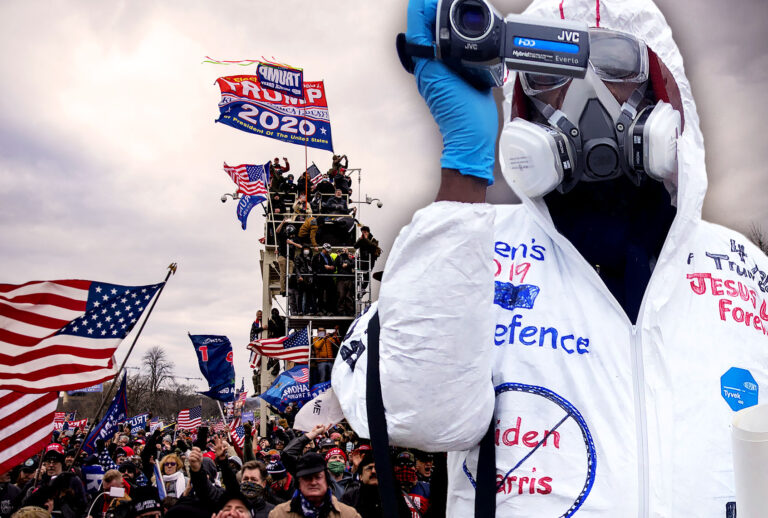 Tim Denevi took on the January 6, 2021 Capitol Riot in a hazmat suit (Photo illustration by Salon/Getty Images/Tim Denevi)