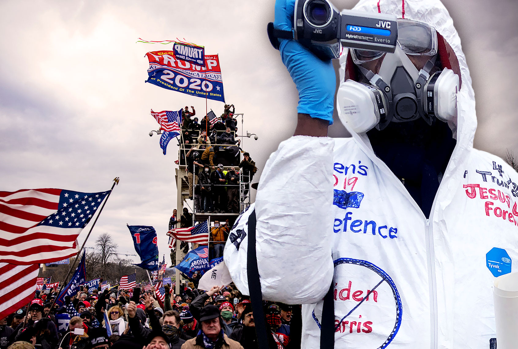Tim Denevi took on the January 6, 2021 Capitol Riot in a hazmat suit (Photo illustration by Salon/Getty Images/Tim Denevi)