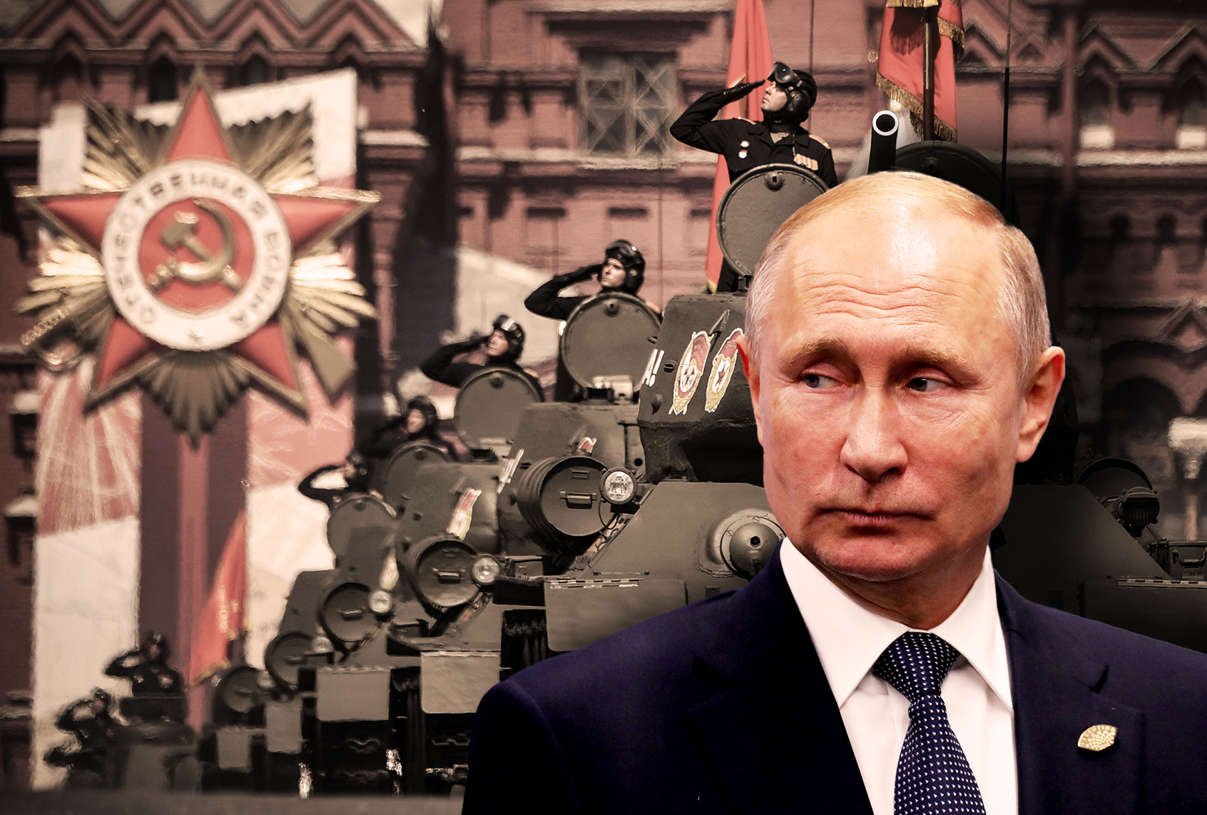Vladimir Putin | Soviet WWII-era T-34 tanks move through Red Square during a military parade, which marks the 75th anniversary of the Soviet victory over Nazi Germany in World War Two, in Moscow on June 24, 2020 (Photo illustration by Salon/Getty Images)