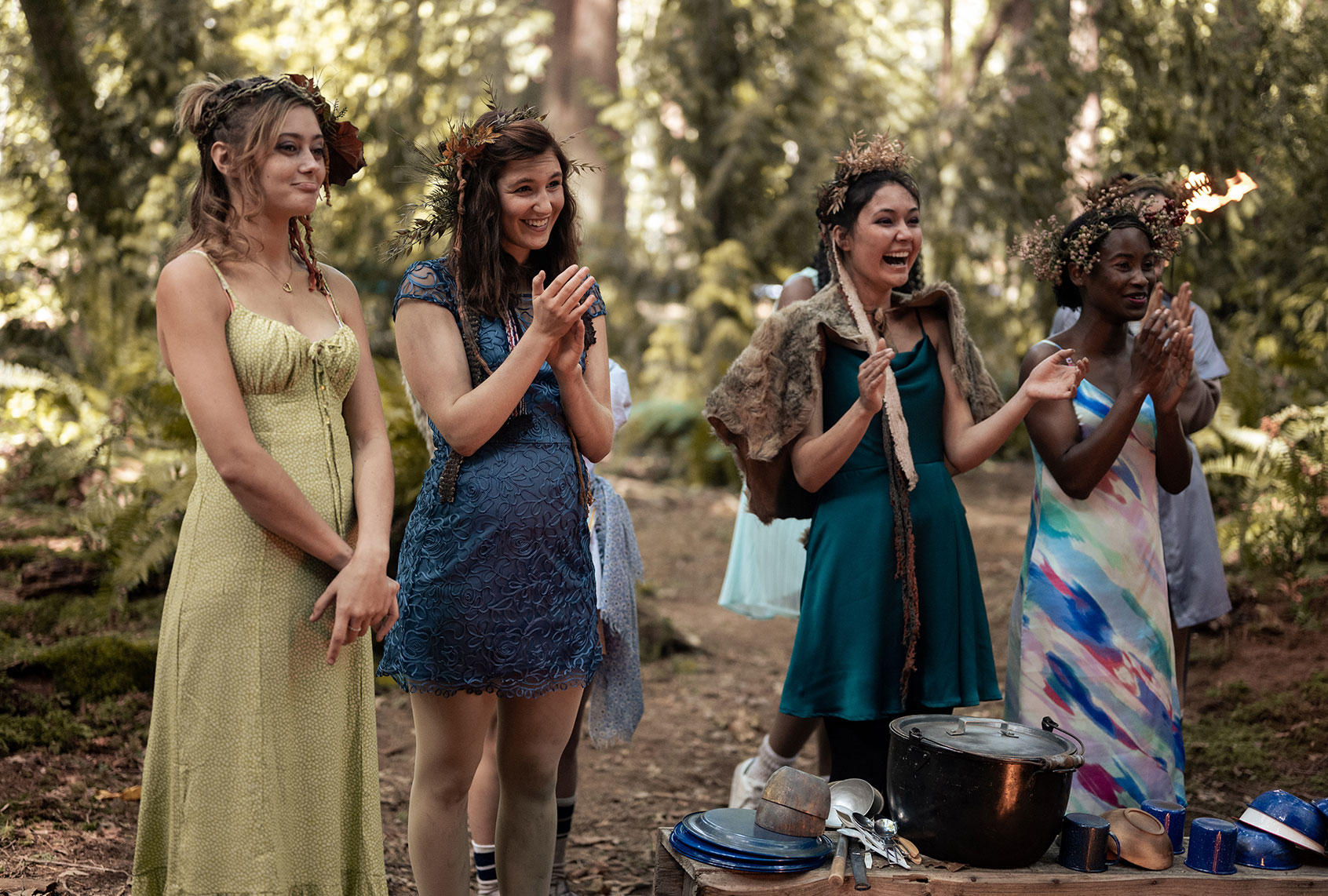 Ella Purnell as Teen Jackie, Sophie Nélisse as Teen Shauna, Alexa Barajas as Teen Mari and Keeya King as Teen Akilah in "Yellowjackets" (Kailey Schwerman/SHOWTIME)