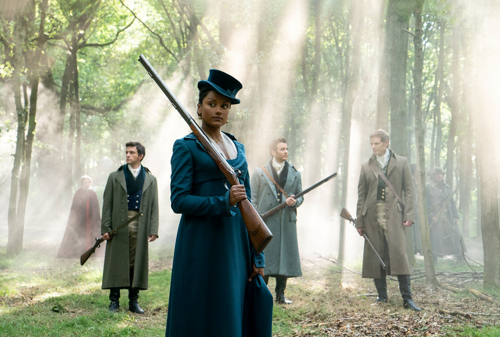 Jonathan Bailey as Anthony Bridgerton, Simone Ashley as Kate Sharma, Luke Thompson as Benedict Bridgerton, Rupert Young as Jack in "Bridgerton" (Liam Daniel/Netflix)