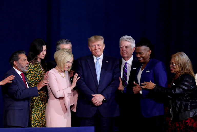 Faith leaders pray over President Donald Trump during a 'Evangelicals for Trump' campaign event held at the King Jesus International Ministry on January 03, 2020 in Miami, Florida. (Joe Raedle/Getty Images)