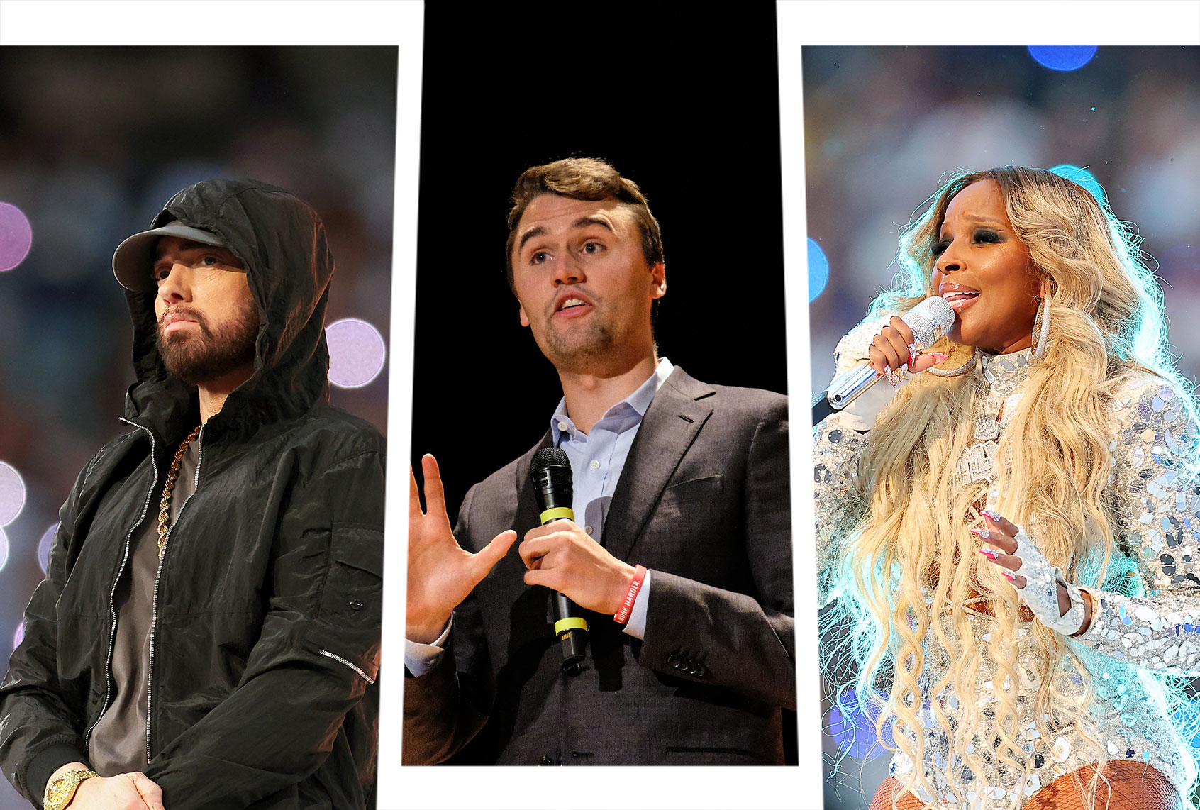 Eminem, Charlie Kirk and Mary J. Blige (Photo illustration by Salon/Getty Images)