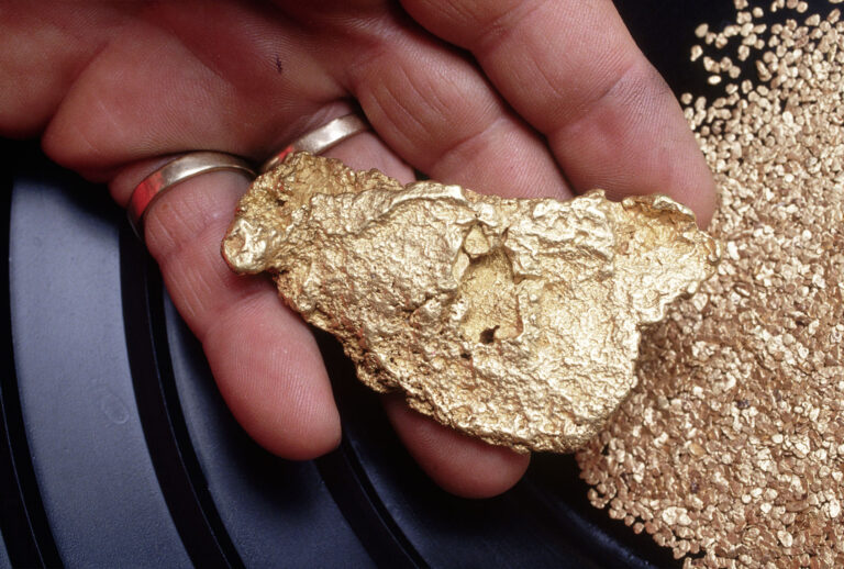 1993 California Gold Rush. Ralph Shock holds a nine ounce nugget found in the North fork of Tuolumne River outside Jamestown in mid May. Ralph says the nugget is worth between US $5,800 and $8,500. Nuggets that can be used for jewelry are prized and valued beyond their weight. (Steve Starr/CORBIS/Corbis via Getty Images)