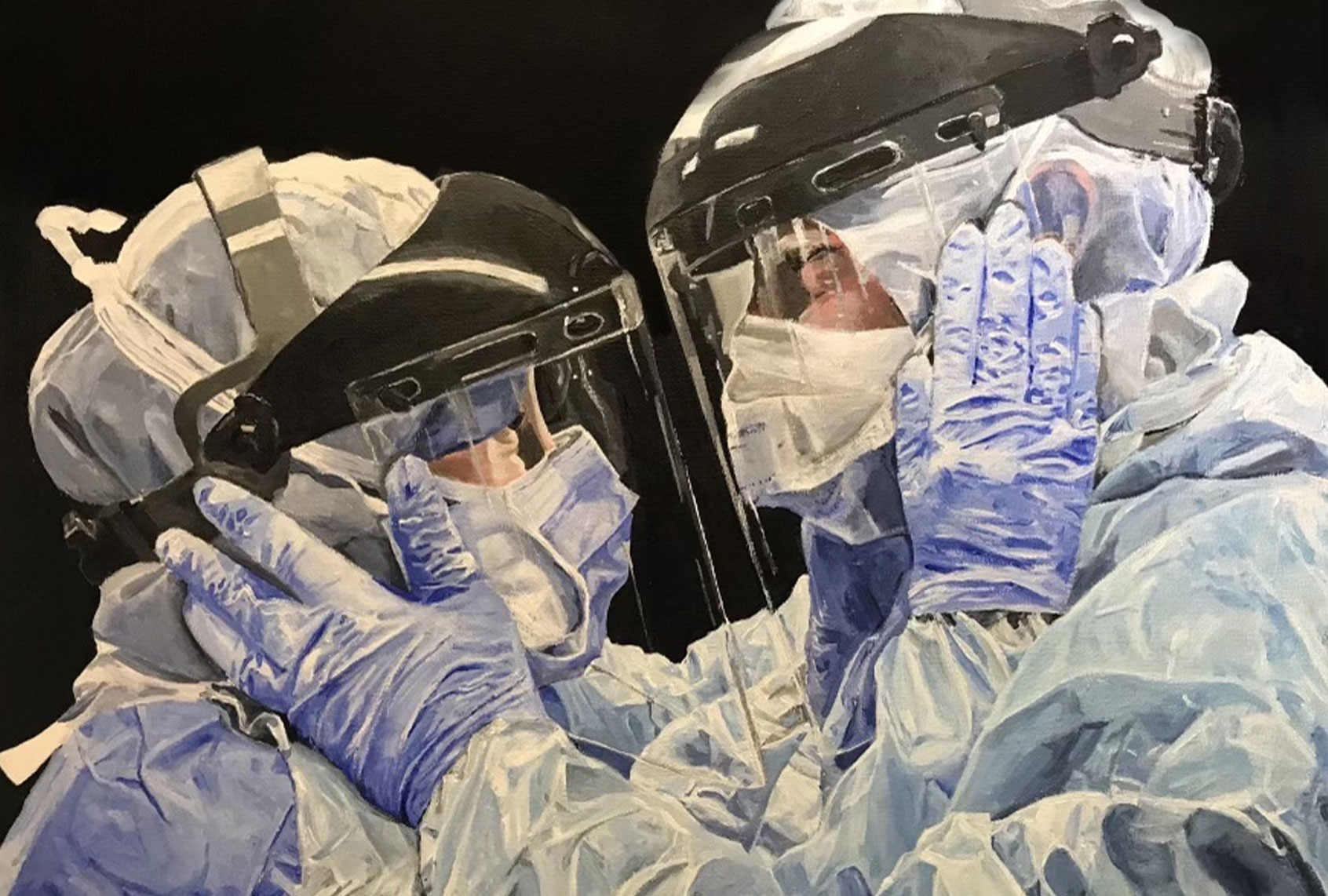 "Love Heals." Acrylic painting based on photograph of nurse couple at Tampa General Hospital, by Nicole Hubbard (Painting by Samantha Ramay)