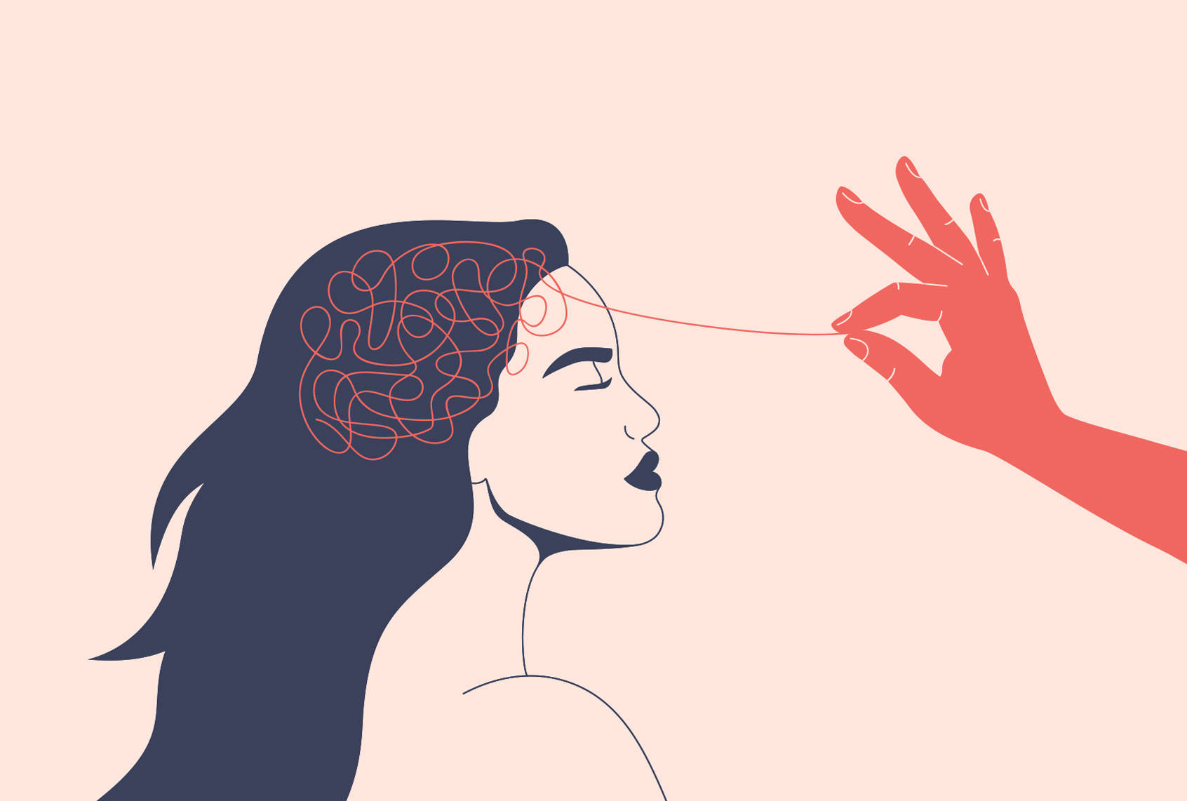 Hand unravels the tangle of thoughts of a woman with mental disorder, anxiety and confusion. (Getty Images/Ponomariova_Maria)