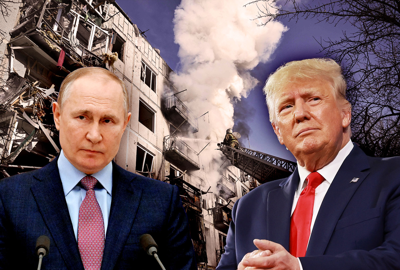Vladimir Putin and Donald Trump | Firefighters work on a fire on a building after bombings on the eastern Ukraine town of Chuguiv on February 24, 2022, as Russian armed forces are trying to invade Ukraine from several directions, using rocket systems and helicopters to attack Ukrainian position in the south, the border guard service said. (Photo illustration by Salon/Getty Images)
