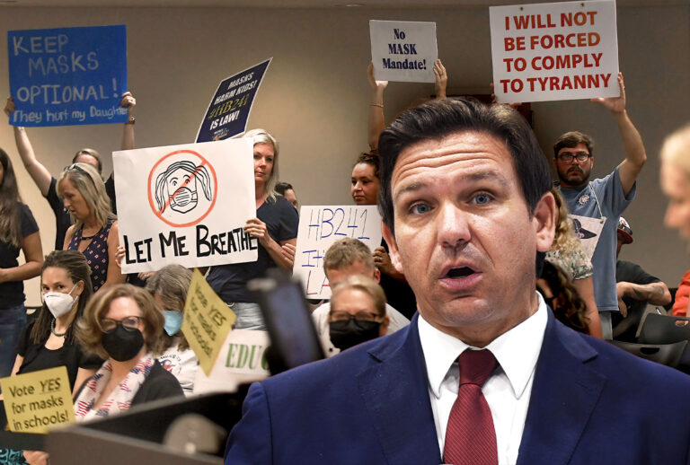 Ron DeSantis | People demonstrate with placards at an emergency meeting of the Brevard County, Florida School Board in Viera to discuss whether face masks in local schools should be mandatory. An executive order signed by Florida Governor Ron DeSantis banning mask mandates in schools was thrown out by a Florida judge on Friday. (Photo illustration by Salon/Getty Images)