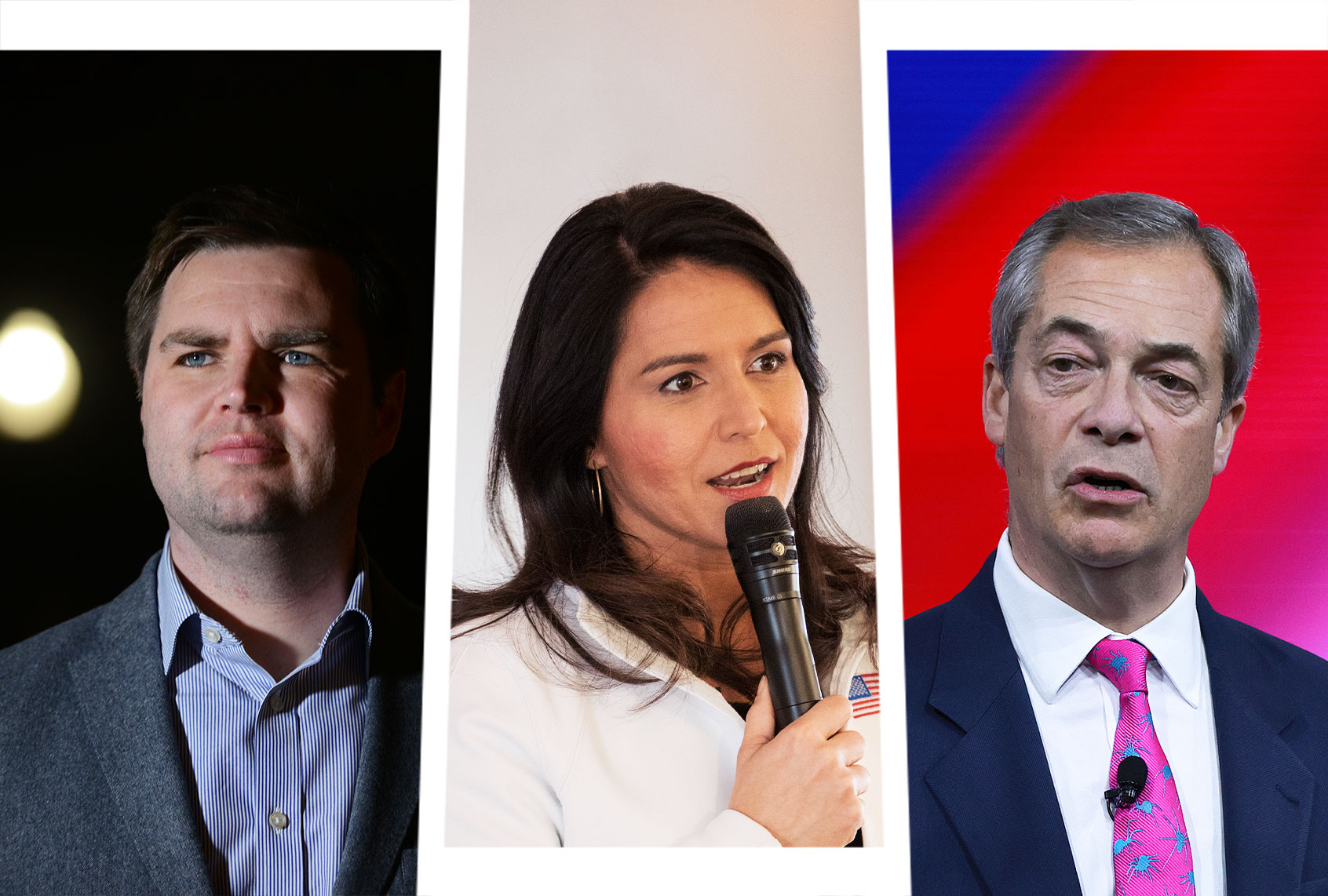 Nigel Farage, Tulsi Gabbard and J.D. Vance (Photo illustration by Salon/Getty Images)