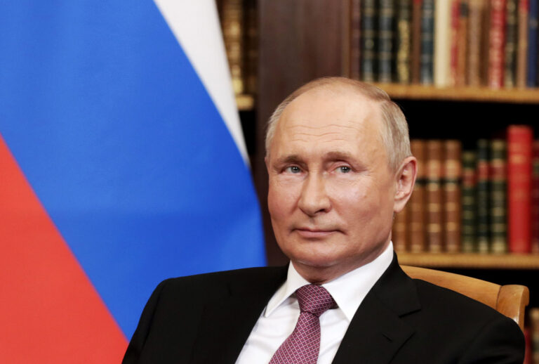 Russia's President Vladimir Putin looks on during talks with US President Joe Biden at the Villa La Grange. (Mikhail MetzelTASS via Getty Images)