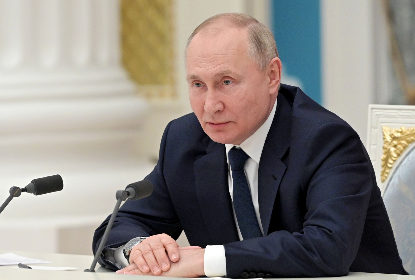 Russia's President Vladimir Putin is seen during a meeting with members of Russian business community in the Moscow Kremlin. (Alexei NikolskyTASS via Getty Images)